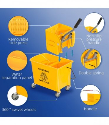 HOMCOM 20L Mop Bucket with Wringer Handle on Wheels for Cleaning Yellow