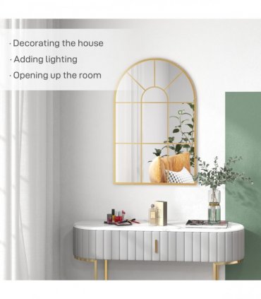 HOMCOM Modern Arched Window Wall Mirror for Bedroom, 91x60cm, Gold Tone