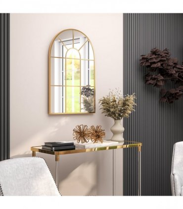 HOMCOM Modern Arched Window Wall Mirror for Bedroom, 91x60cm, Gold Tone