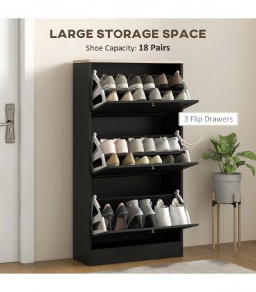 HOMCOM Narrow Shoe Cabinet with 3 Flip Drawers for 18 Pairs of Shoes Black