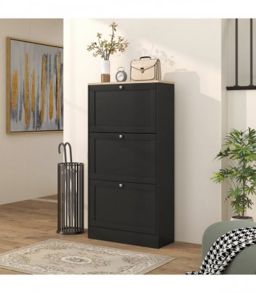 HOMCOM Narrow Shoe Cabinet with 3 Flip Drawers for 18 Pairs of Shoes Black
