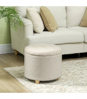 HOMCOM 45cm Round Ottoman with Storage, Lid, Cashmere Footstool, Cream White