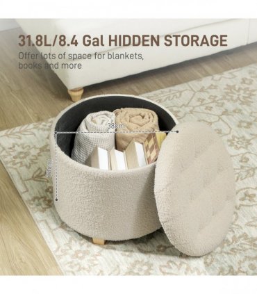 HOMCOM 45cm Round Ottoman with Storage, Lid, Cashmere Footstool, Cream White