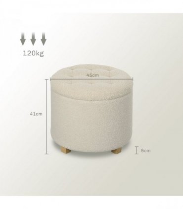 HOMCOM 45cm Round Ottoman with Storage, Lid, Cashmere Footstool, Cream White