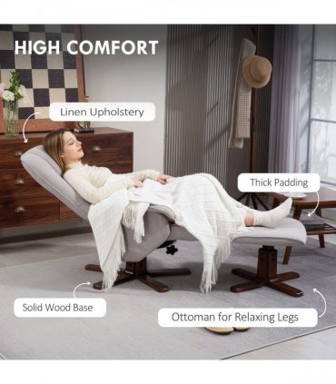 HOMCOM Swivel Recliner Chair with Footstool and Wooden Base, Light Grey