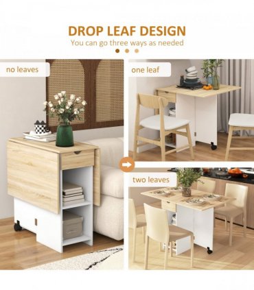 HOMCOM Foldable Dining Table, Drop Leaf Table with Storage for Kitchen, Oak