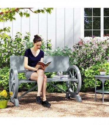 Outsunny Wooden Garden Bench Outdoor Loveseat with High Back, Grey