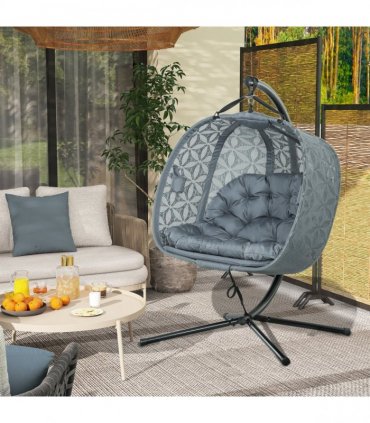 Outsunny Double Hanging Swing Chair w/ Stand & Cup Holders, Charcoal Grey