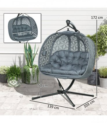 Outsunny Double Hanging Swing Chair w/ Stand & Cup Holders, Charcoal Grey