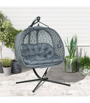 Outsunny Double Hanging Swing Chair w/ Stand & Cup Holders, Charcoal Grey