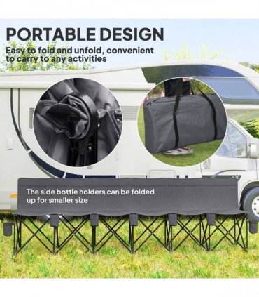 Outsunny 6 Seater Folding Bench Camping Chair with Cup Holder, Charcoal Grey
