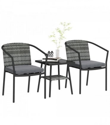 Outsunny 3 PCS Rattan Bistro Set with Cushions Glass Top Coffee Table and Chairs