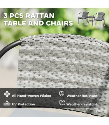 Outsunny 3 PCS Rattan Bistro Set with Cushions Glass Top Coffee Table and Chairs