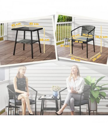 Outsunny 3 PCS Rattan Bistro Set with Cushions Glass Top Coffee Table and Chairs