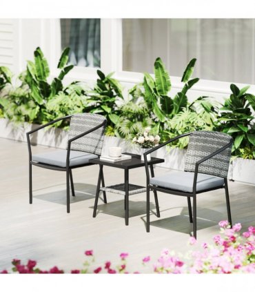 Outsunny 3 PCS Rattan Bistro Set with Cushions Glass Top Coffee Table and Chairs