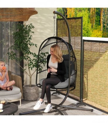 Outsunny Rattan Egg Chair with Installation Kit, Indoor Outdoor Swing Chair