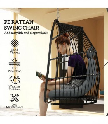 Outsunny Rattan Egg Chair with Installation Kit, Indoor Outdoor Swing Chair