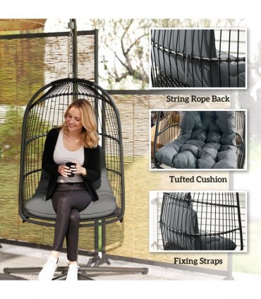 Outsunny Rattan Egg Chair with Installation Kit, Indoor Outdoor Swing Chair