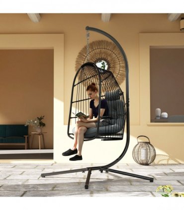 Outsunny Rattan Egg Chair with Installation Kit, Indoor Outdoor Swing Chair