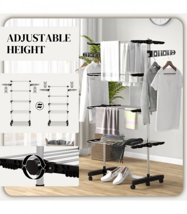 HOMCOM 4-Tier Large Clothes Airer Stainless Steel Clothes Drying Rack Black