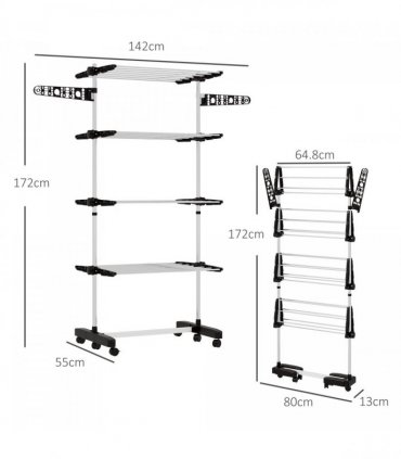 HOMCOM 4-Tier Large Clothes Airer Stainless Steel Clothes Drying Rack Black