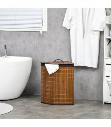 HOMCOM 55L Bamboo Corner Laundry Hamper Bamboo Laundry Basket Brown