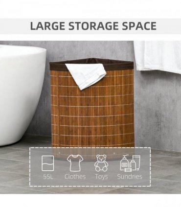 HOMCOM 55L Bamboo Corner Laundry Hamper Bamboo Laundry Basket Brown