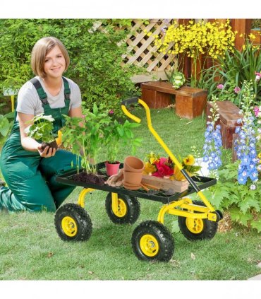 Garden Trolley Cart with Pneumatic Wheels and Rotating Handle, Yellow