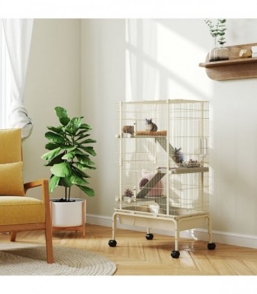 PawHut 4 Levels Rolling Small Animal Cage, Rabbit Cage with 15cm Deep Bottom