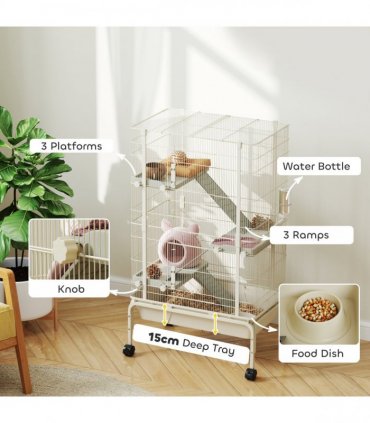 PawHut 4 Levels Rolling Small Animal Cage, Rabbit Cage with 15cm Deep Bottom