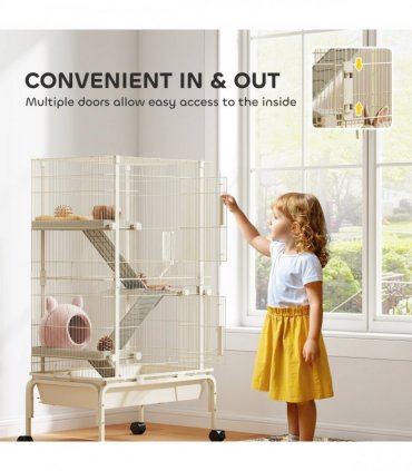 PawHut 4 Levels Rolling Small Animal Cage, Rabbit Cage with 15cm Deep Bottom