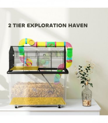 PawHut Hamster Cage with 31cm Deep Tray, Tube System, 58 x 43 x 57cm