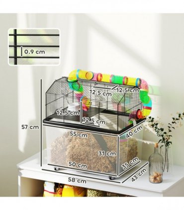 PawHut Hamster Cage with 31cm Deep Tray, Tube System, 58 x 43 x 57cm