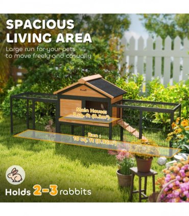 PawHut Rabbit Hutch Outdoor with Steel Run Removable Plastic Tray Natural