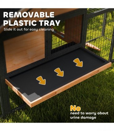 PawHut Rabbit Hutch Outdoor with Steel Run Removable Plastic Tray Natural