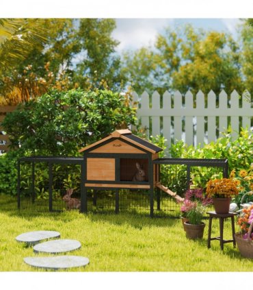 PawHut Rabbit Hutch Outdoor with Steel Run Removable Plastic Tray Natural