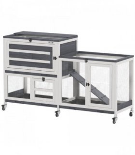 PawHut 2 Tier Rabbit Hutch with Run, Wheels, 2 Openable Top, 3 Plastic Trays