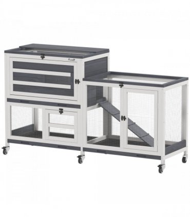 PawHut 2 Tier Rabbit Hutch with Run, Wheels, 2 Openable Top, 3 Plastic Trays