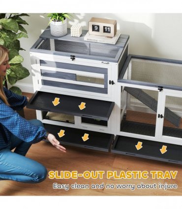 PawHut 2 Tier Rabbit Hutch with Run, Wheels, 2 Openable Top, 3 Plastic Trays