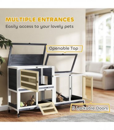 PawHut 2 Tier Rabbit Hutch with Run, Wheels, 2 Openable Top, 3 Plastic Trays