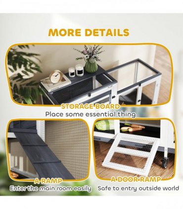 PawHut 2 Tier Rabbit Hutch with Run, Wheels, 2 Openable Top, 3 Plastic Trays