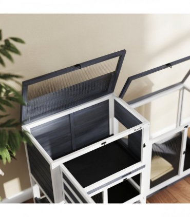 PawHut 2 Tier Rabbit Hutch with Run, Wheels, 2 Openable Top, 3 Plastic Trays