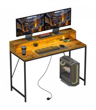 HOMCOM Computer Desk with LED Lights, Study Table with Shelf, Rustic Brown