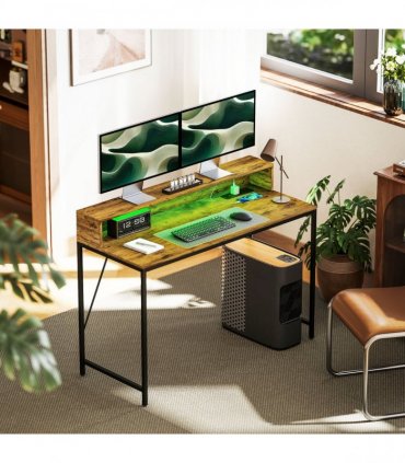 HOMCOM Computer Desk with LED Lights, Study Table with Shelf, Rustic Brown