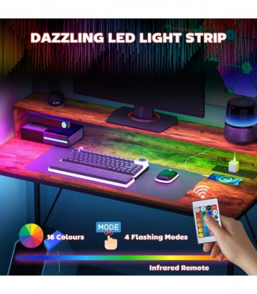 HOMCOM Computer Desk with LED Lights, Study Table with Shelf, Rustic Brown