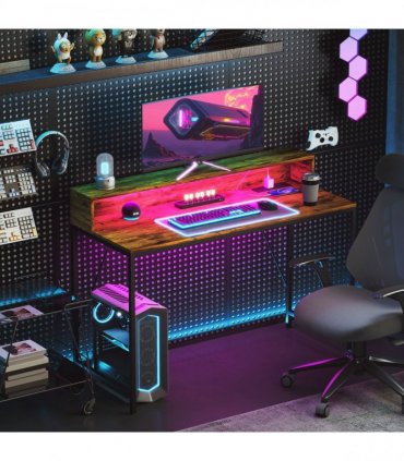 HOMCOM Computer Desk with LED Lights, Study Table with Shelf, Rustic Brown