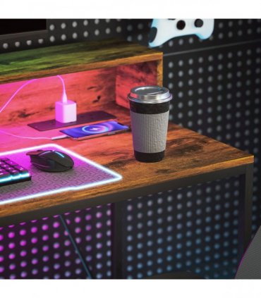 HOMCOM Computer Desk with LED Lights, Study Table with Shelf, Rustic Brown