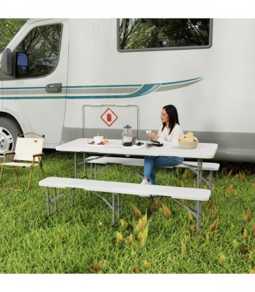 Outsunny 3 Piece Folding Picnic Table and Bench Set with Handles, White