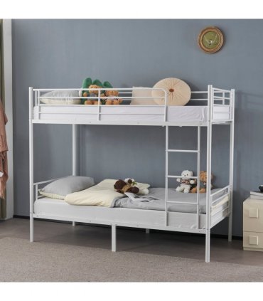 【Same Code：99091194】Twin Over Twin Bunk Bed for Kids Teens Adults, Heavy Duty Metal Bunk Bed with Ladder & Full-Length Guard Rail & Storage Space, White