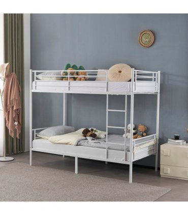 【Same Code：99091194】Twin Over Twin Bunk Bed for Kids Teens Adults, Heavy Duty Metal Bunk Bed with Ladder & Full-Length Guard Rail & Storage Space, White